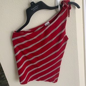 Red & Silver Striped One Shoulder Top